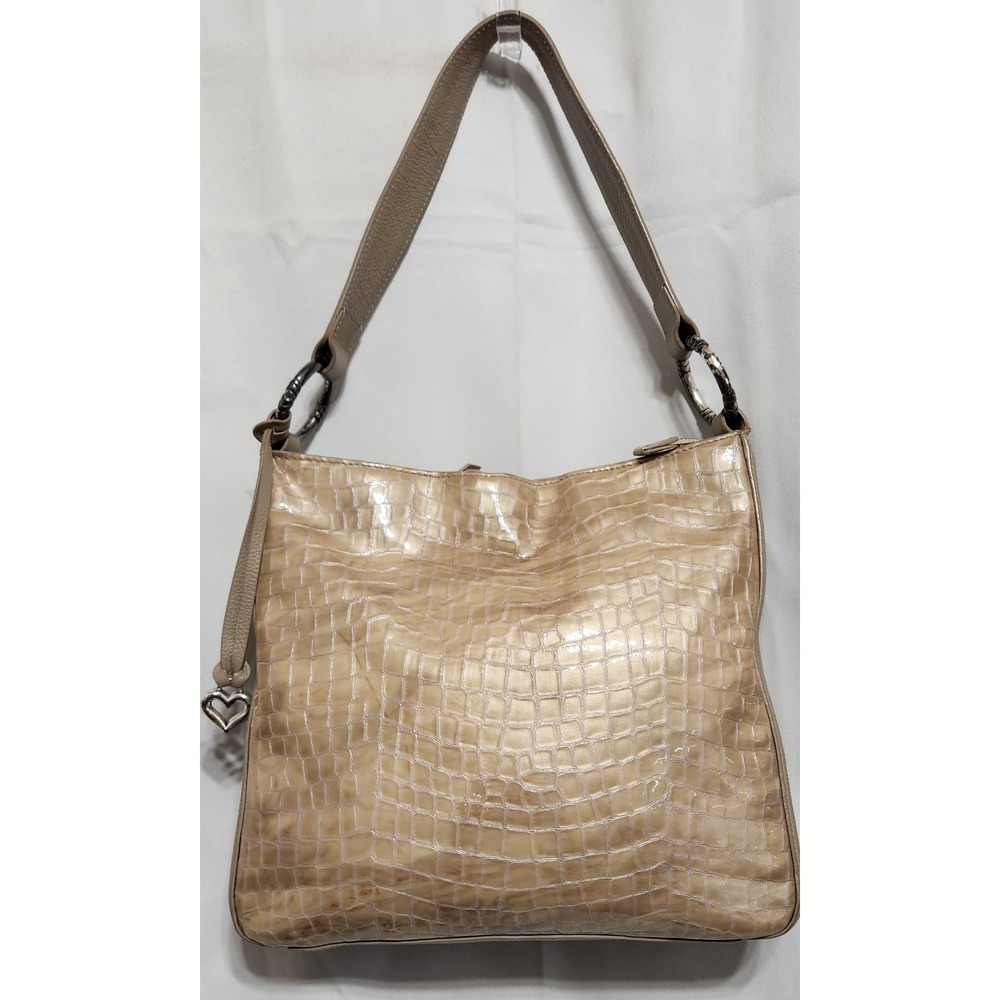 Brighton Champagne Beige Croc Embossed Leather Shoulder Bag Heart Charm Hobo
